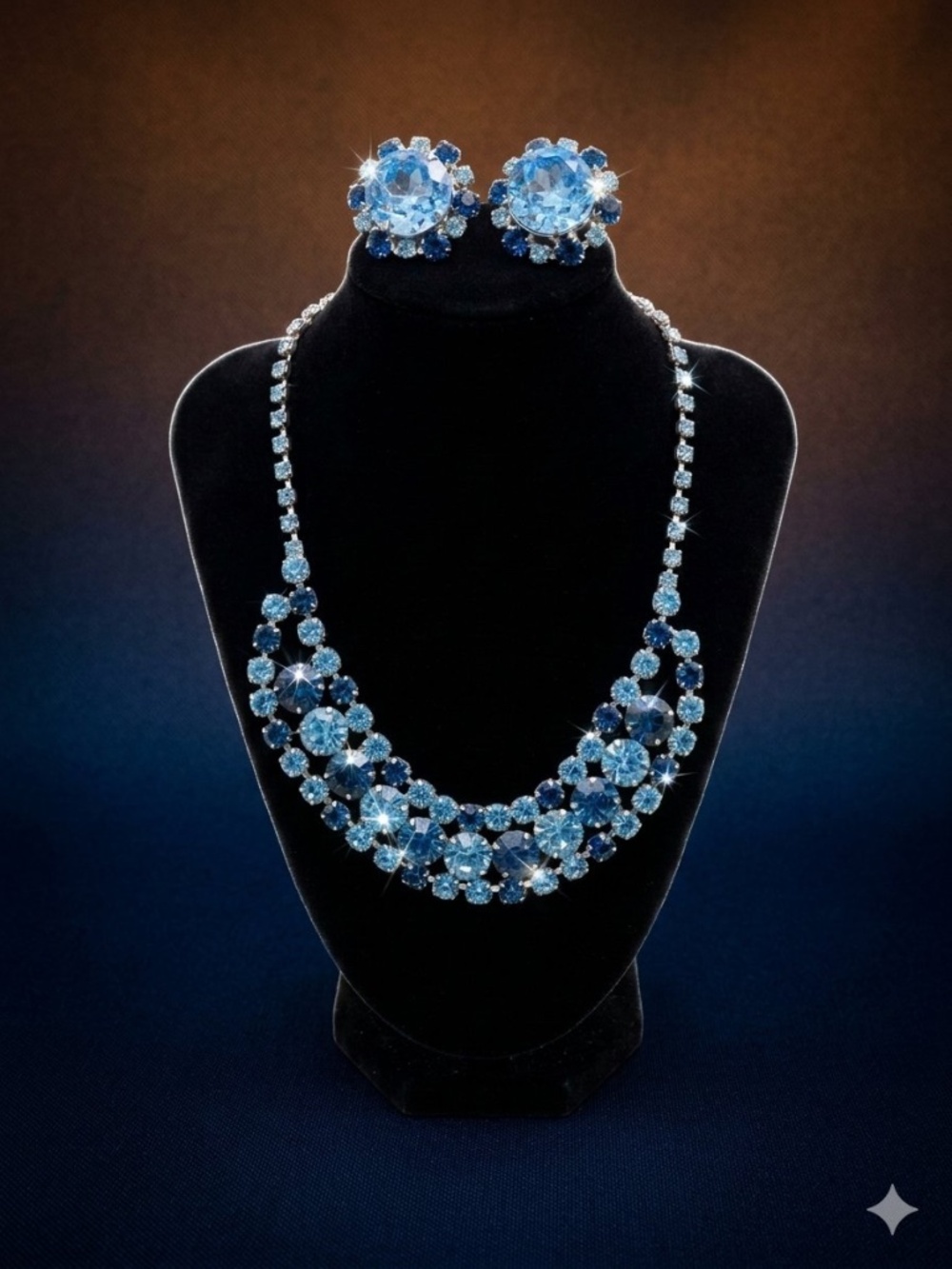Vintage Mid-Century Rhinestone Demi-Parure Necklace & Earrings Blue Silver